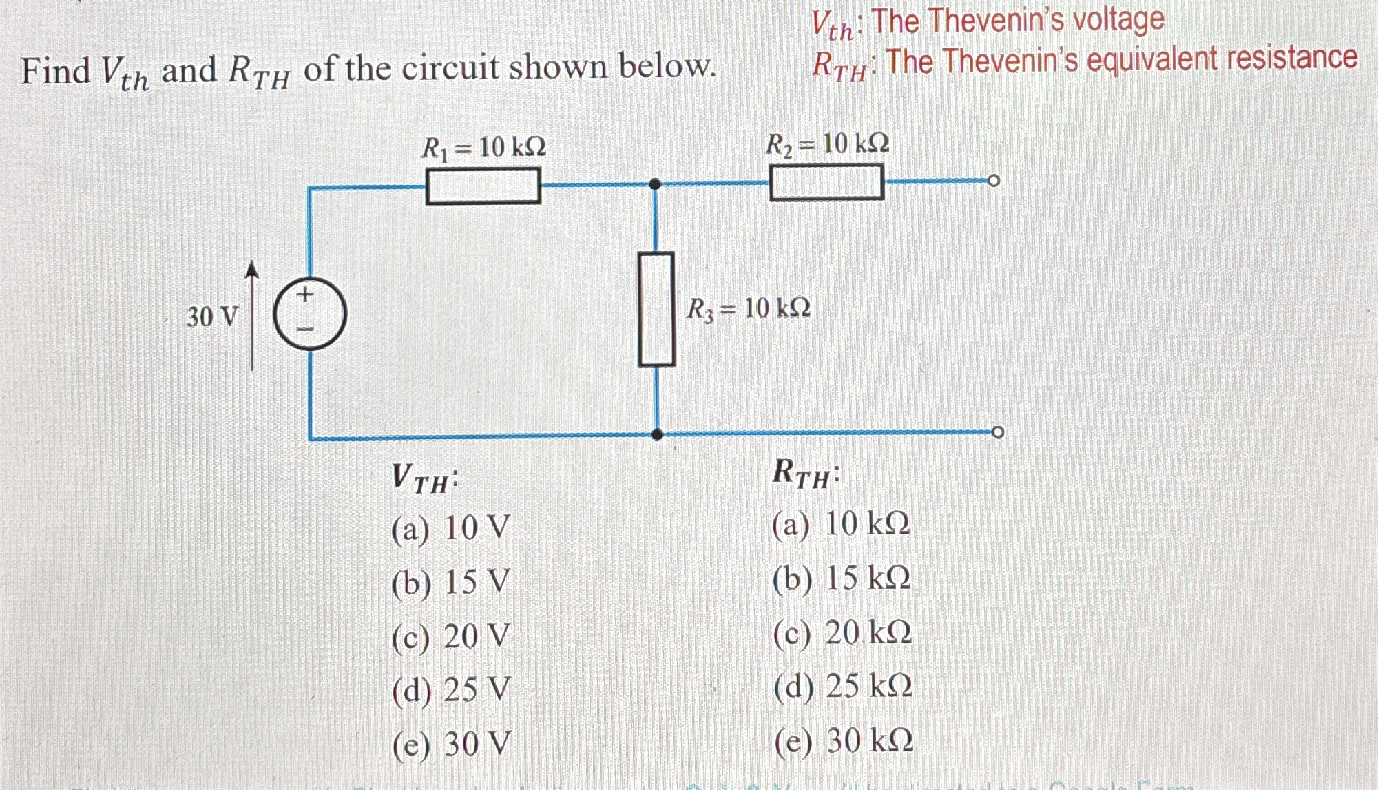 V t h : The Thevenin's voltage Find V t h and R T