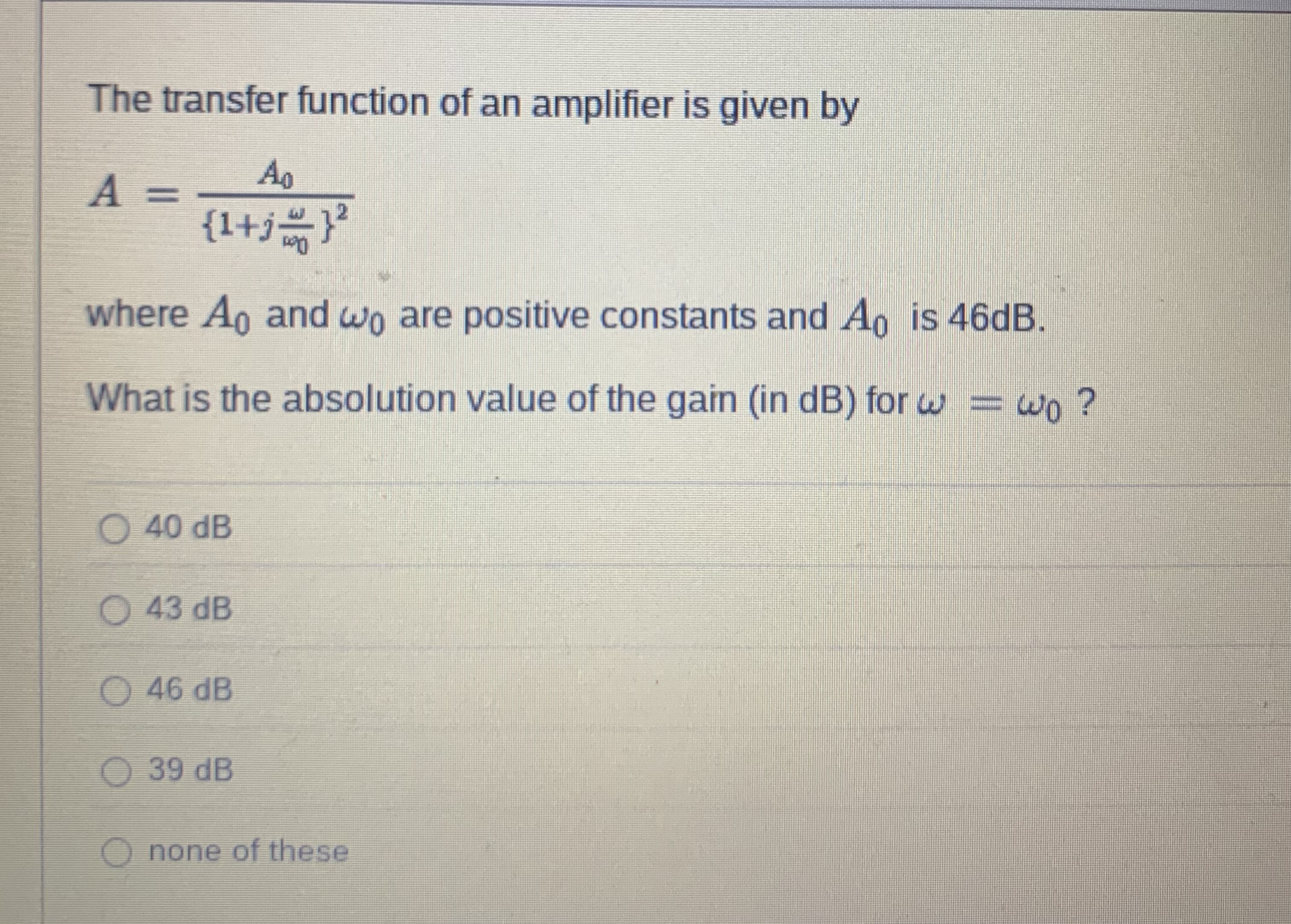 The transfer function of an amplifier is given by