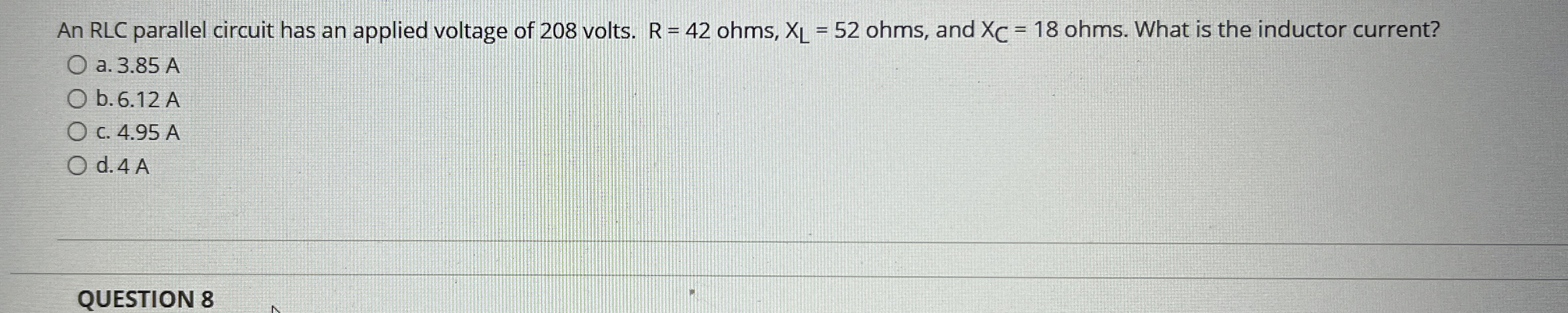 An RLC parallel circuit has an applied voltage of