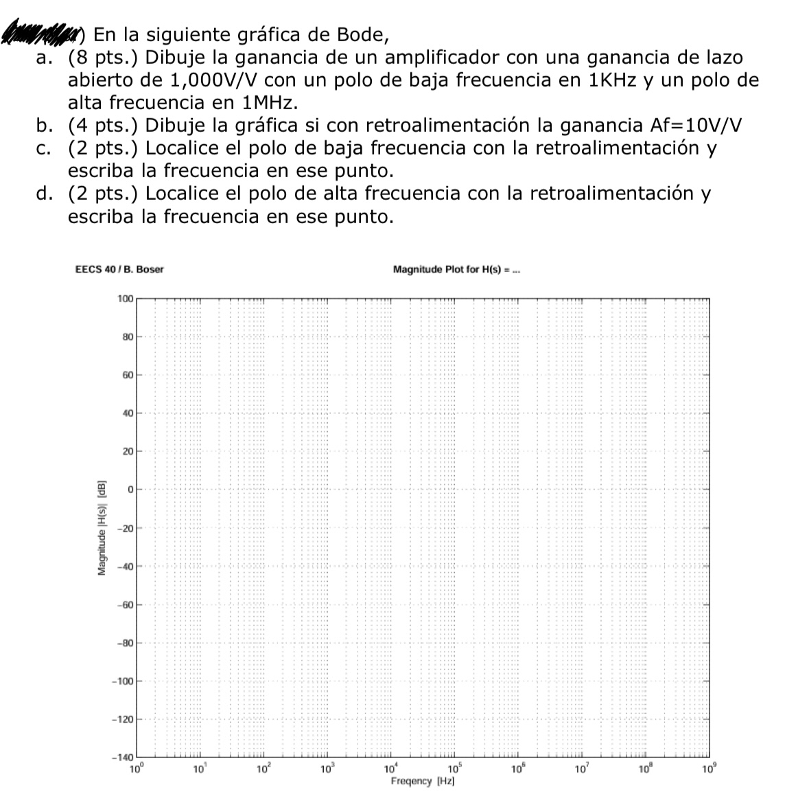 In the following Bode graph,a . ( 8 pts . ) Draw