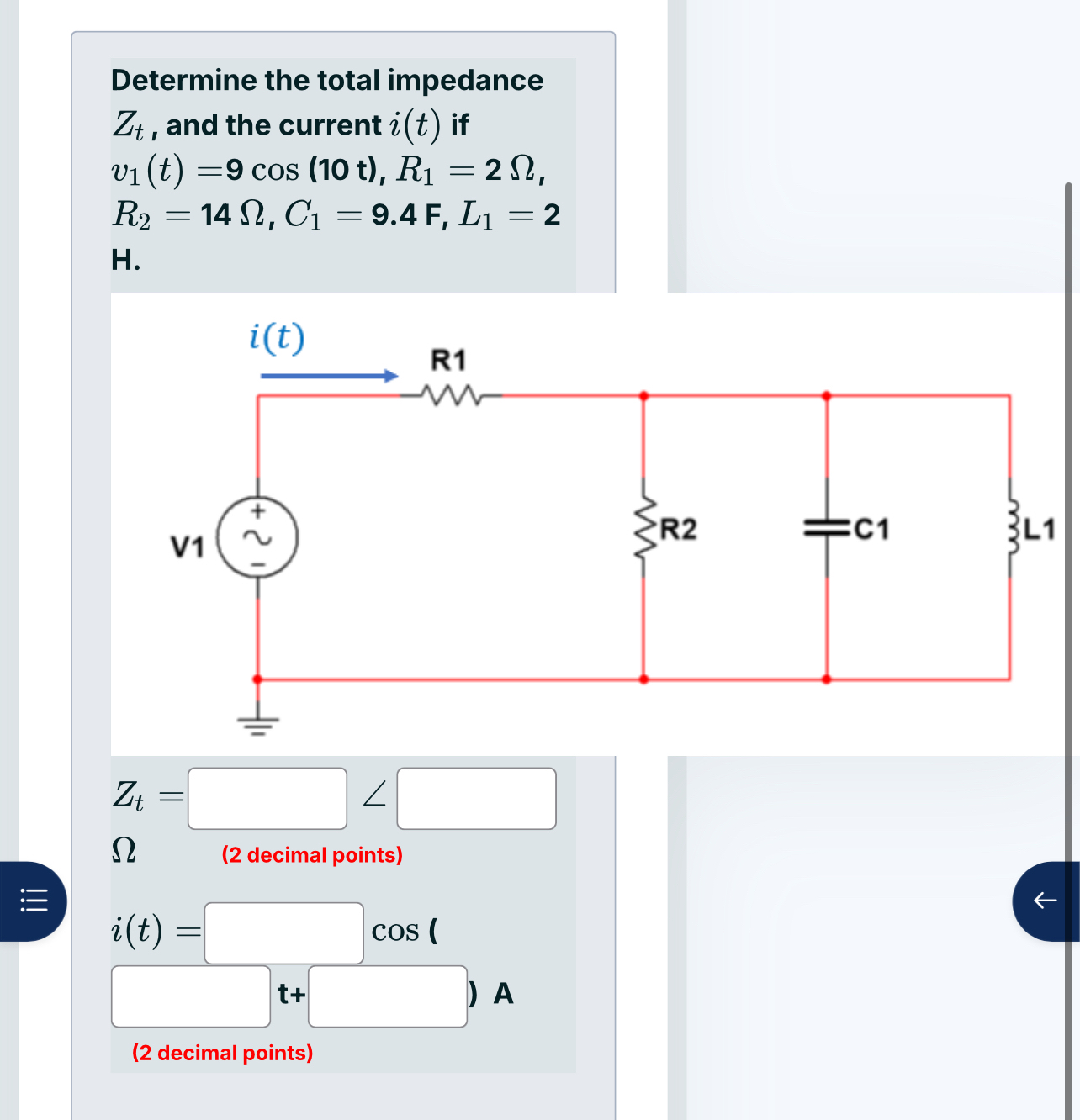 Determine the total impedance Z t , and the