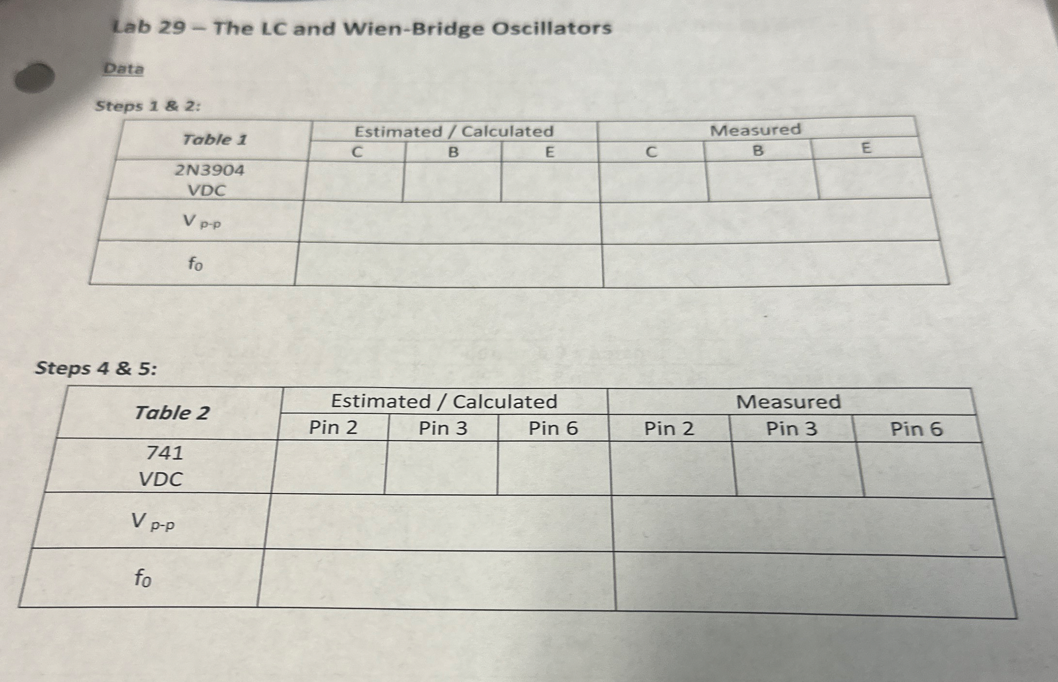 Lab 2 9 - The LC and Wien - Bridge Oscillators