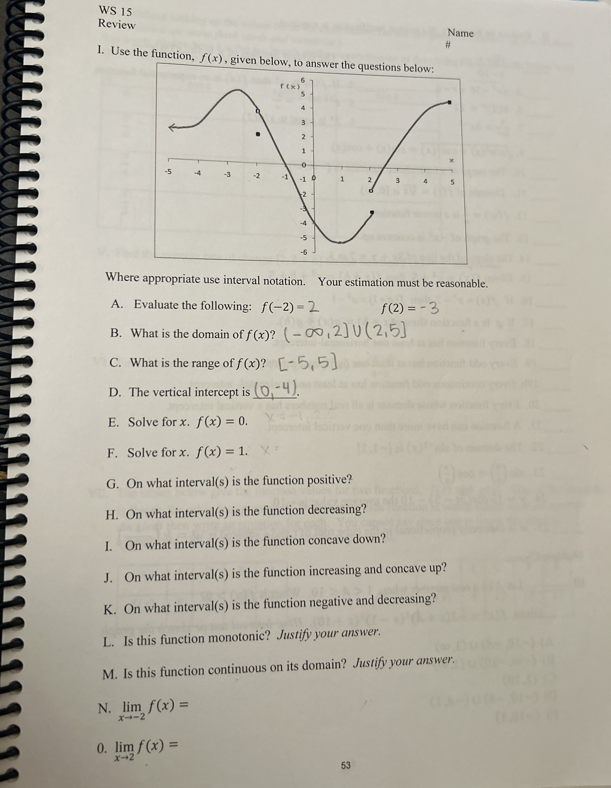 WS 1 5 Review Name I. Use the function, f ( x ) ,