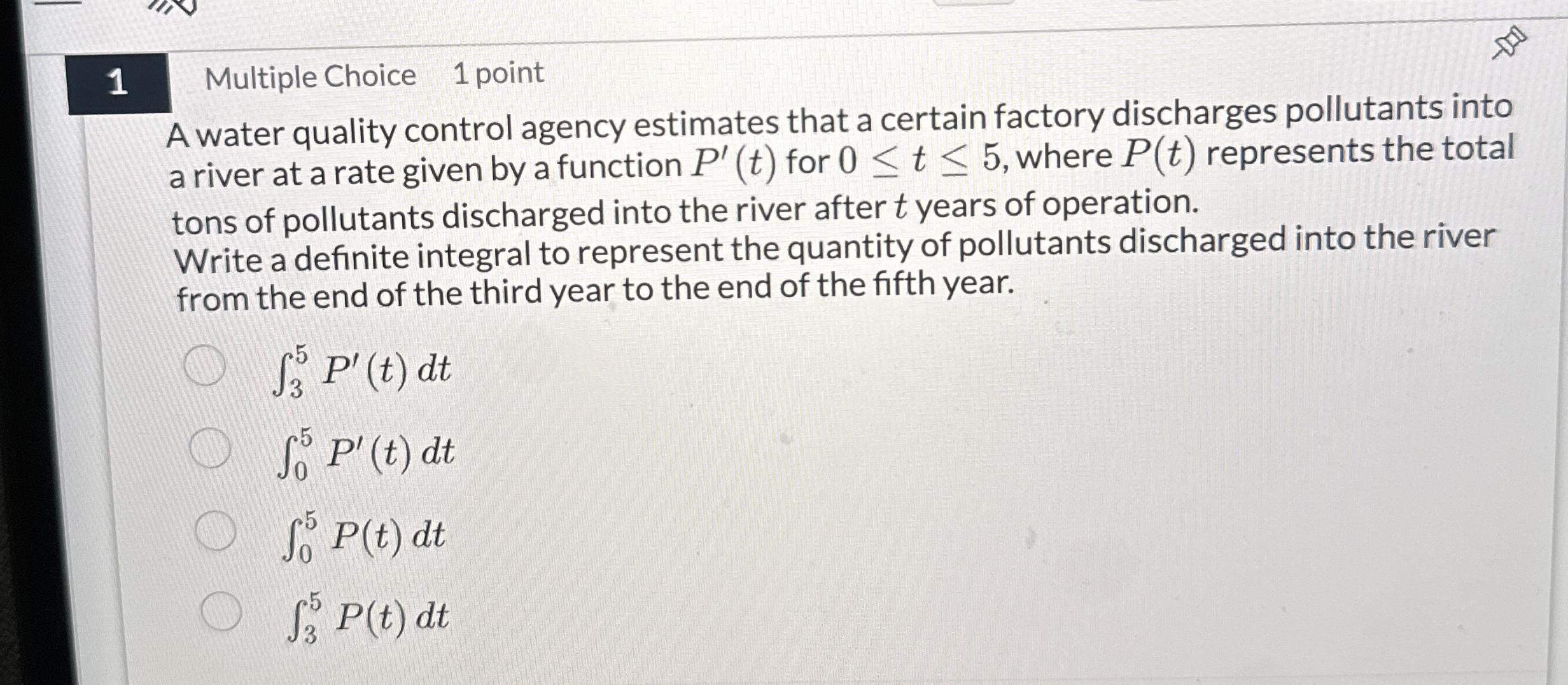1 Multiple Choice 1 point A water quality control