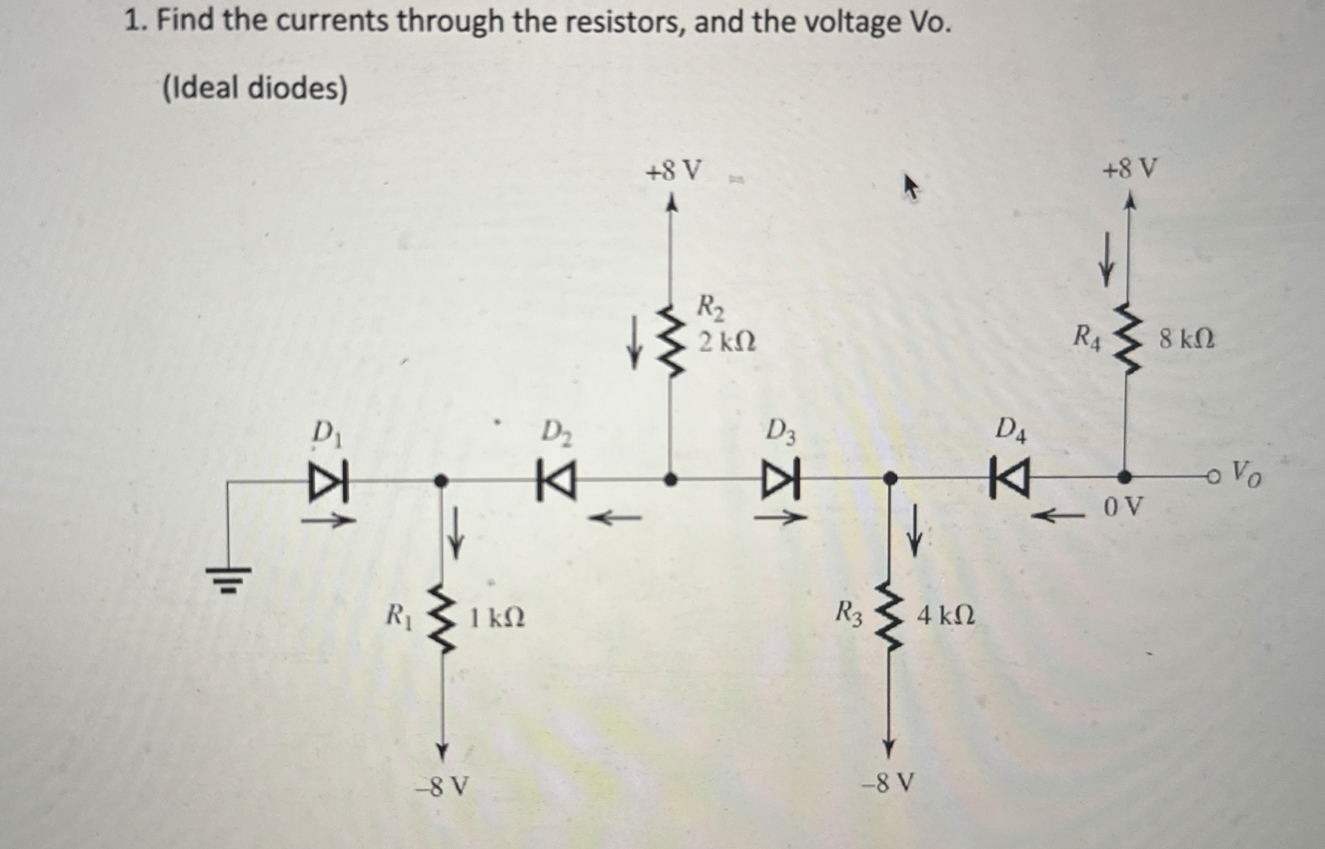 Find the currents through the resistors, and the