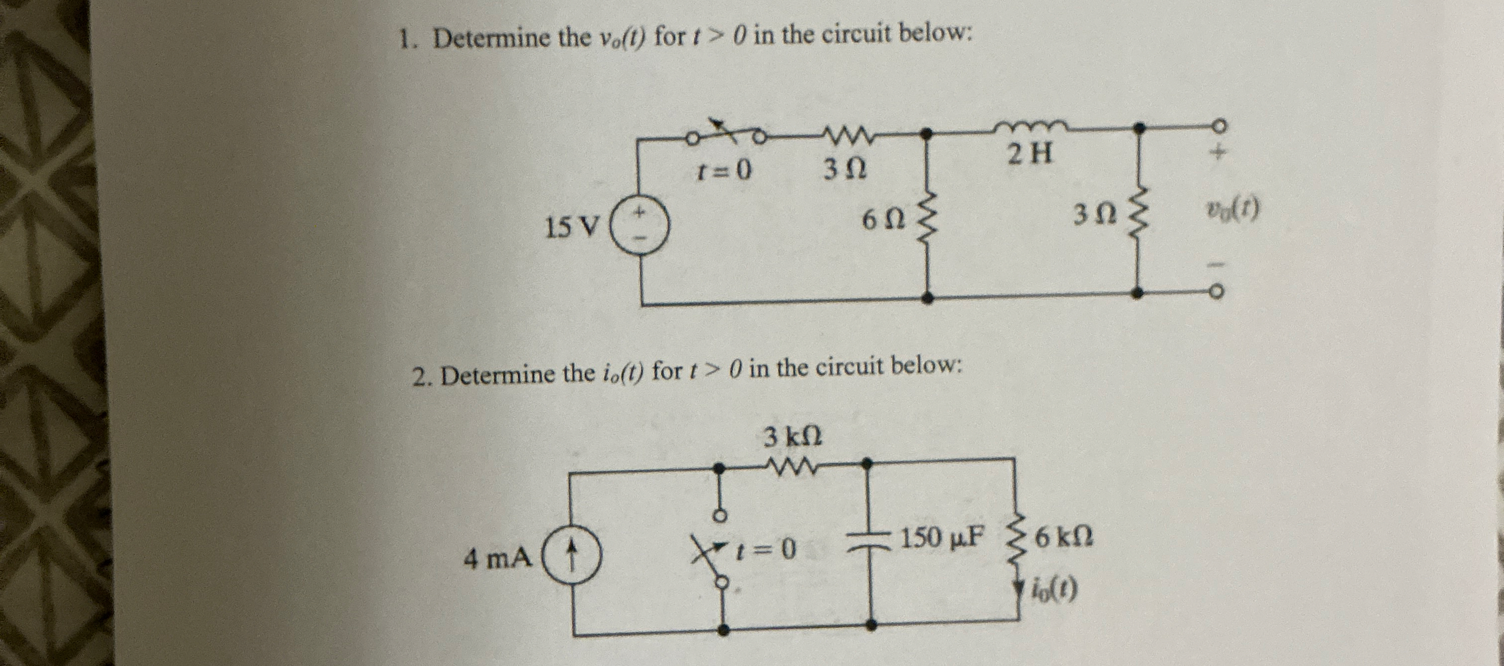 Determine the v o ( t ) for t > 0 in the circuit