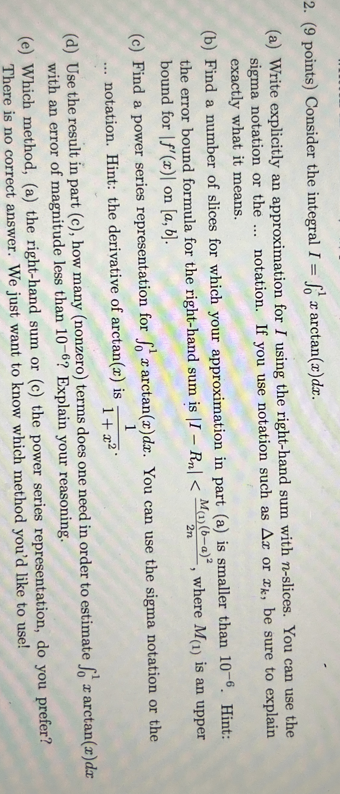 ( 9 points ) Consider the integral I = 0 1 x a r