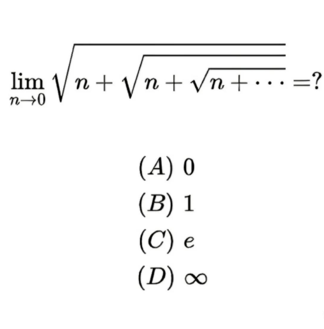 lim n 0 n + n + n + . . . 2 2 2 = ? ( A ) 0 ( B )