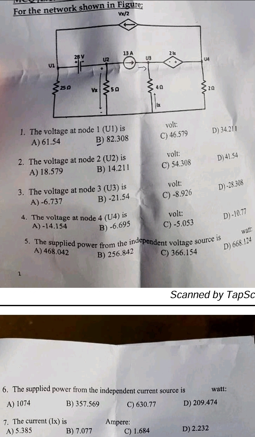 For the network shown in Figure; The voltage at