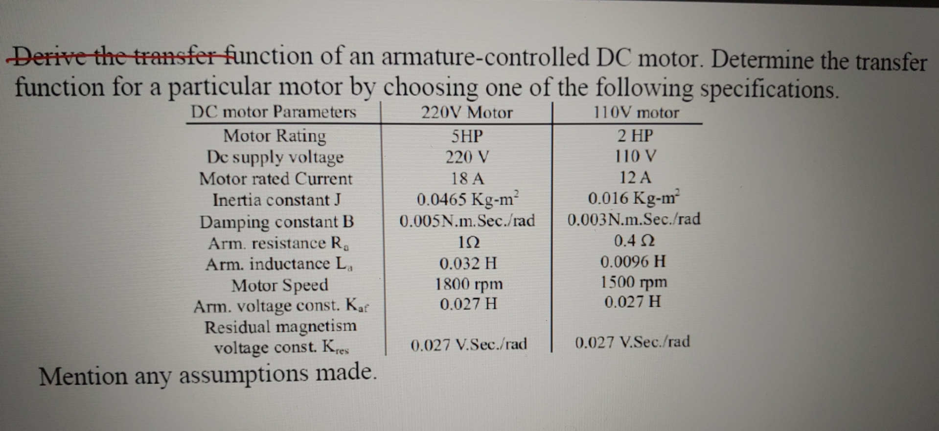 Derive the transfer function of an armature -