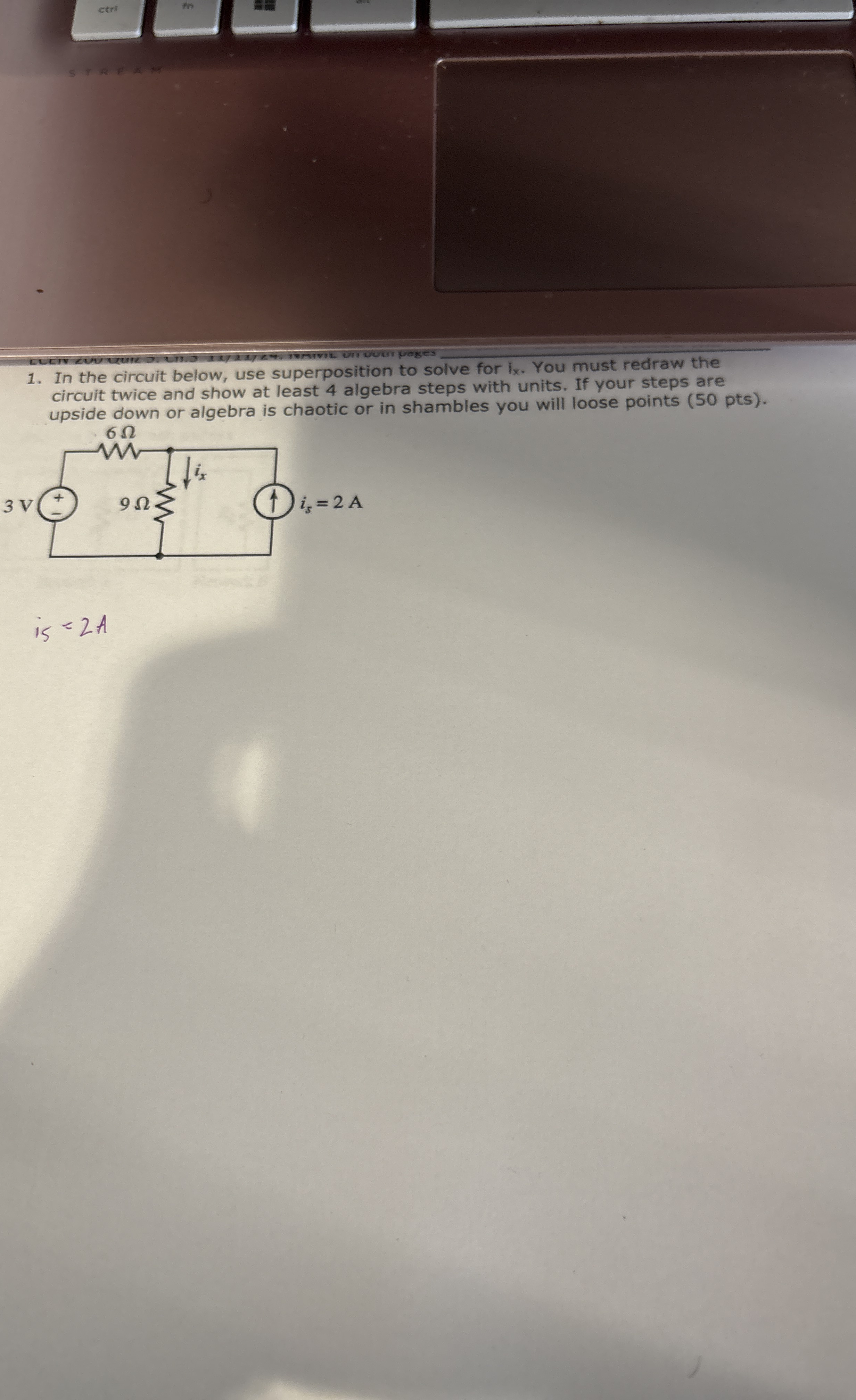 In the circuit below, use superposition to solve
