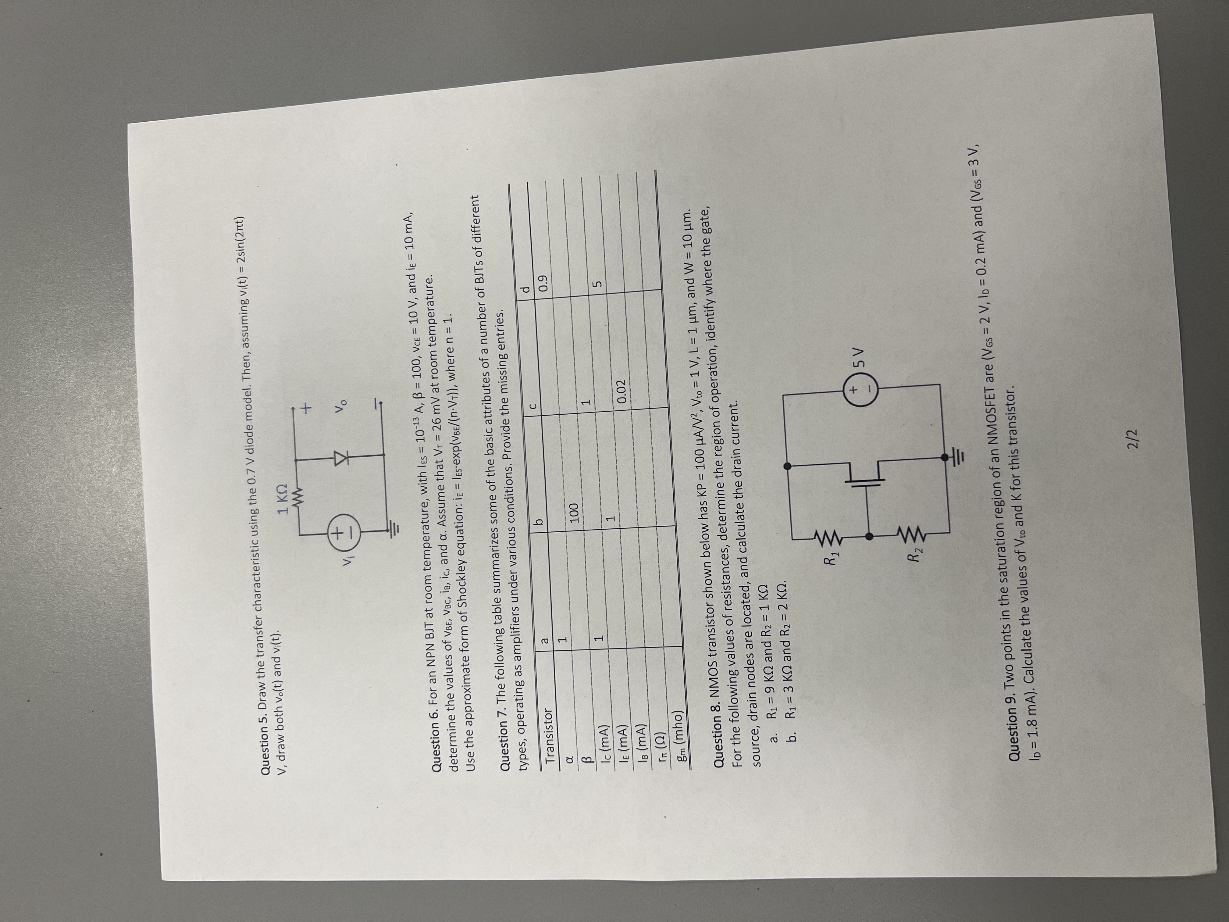 Question 5 . Draw the transfer characteristic