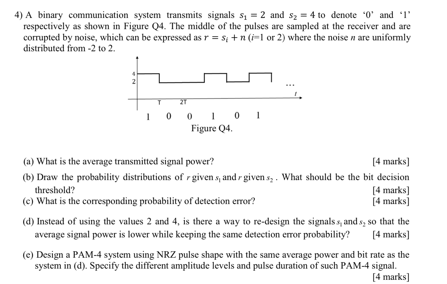 A binary communication system transmits signals s
