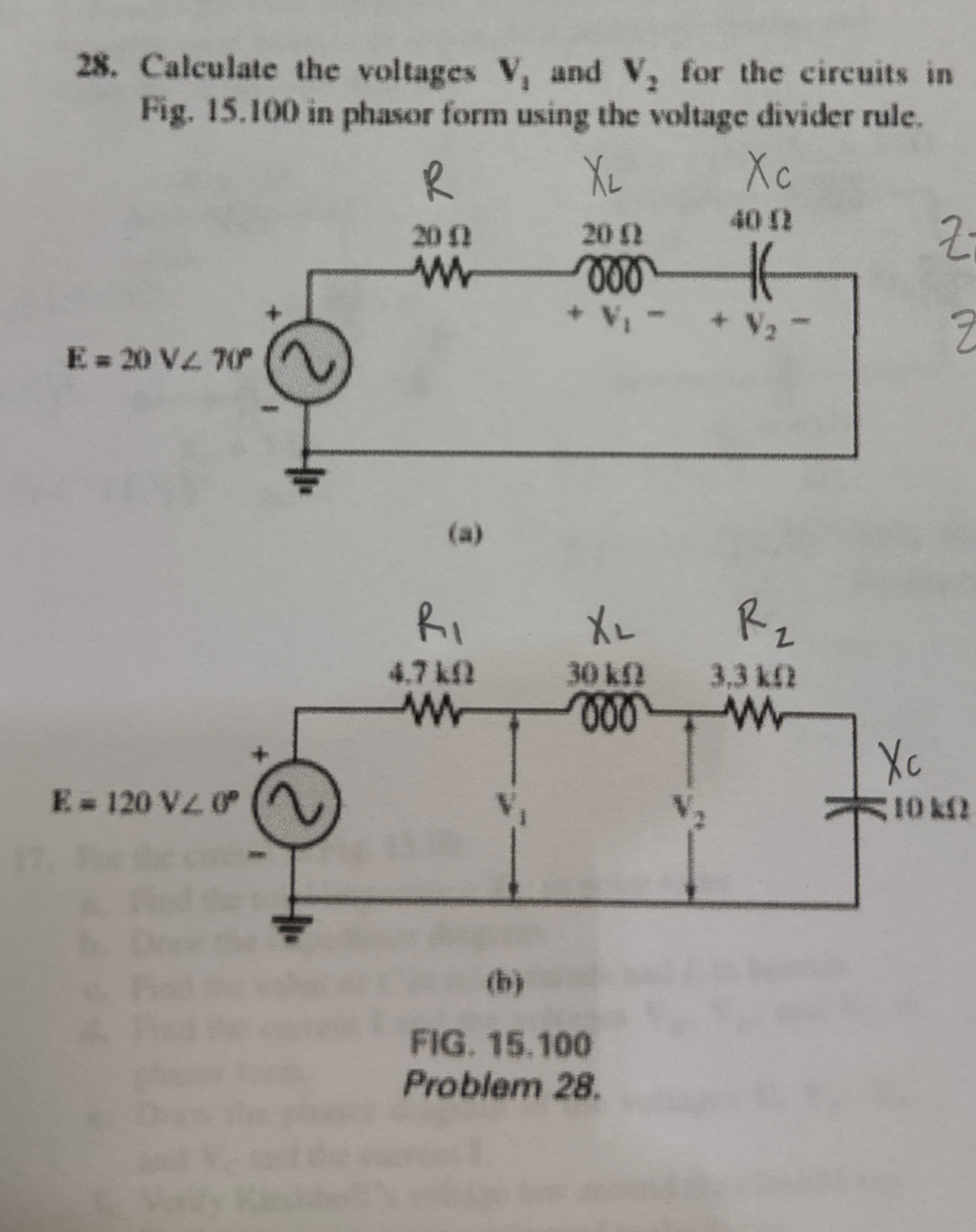 Calculate the voltages V 1 and V 2 for the