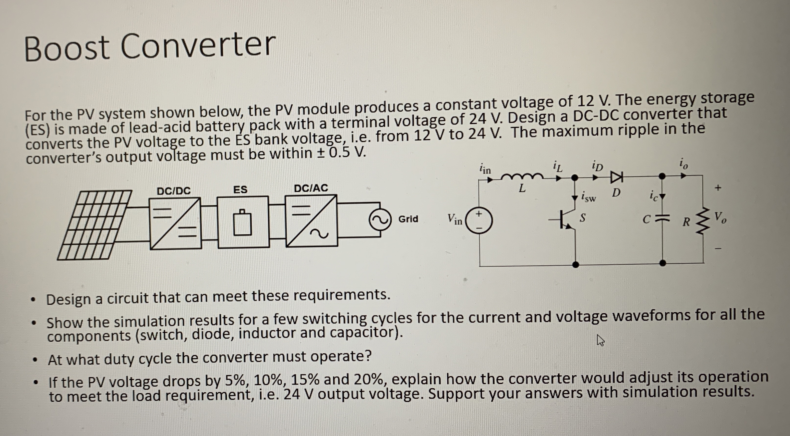 Boost Converter For the PV system shown below,