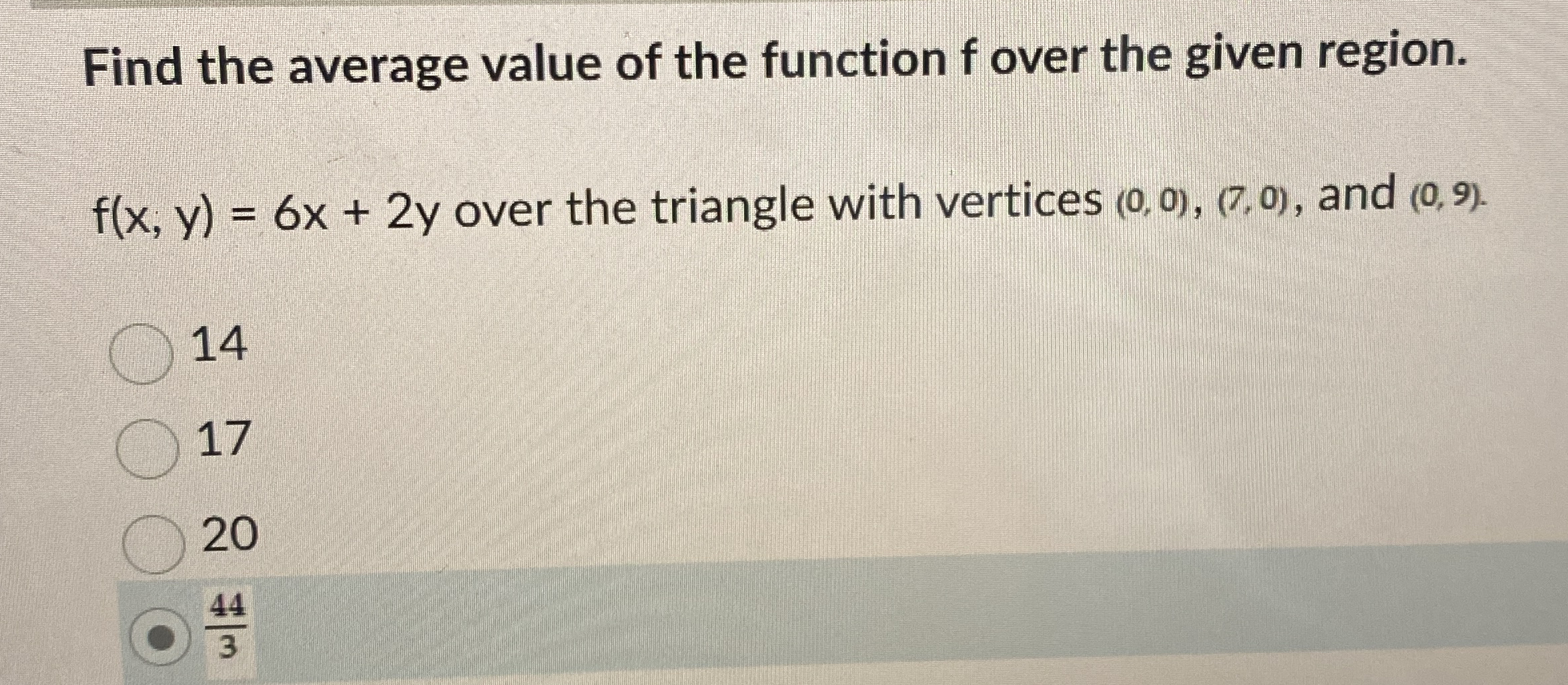 Find the average value of the function f over the