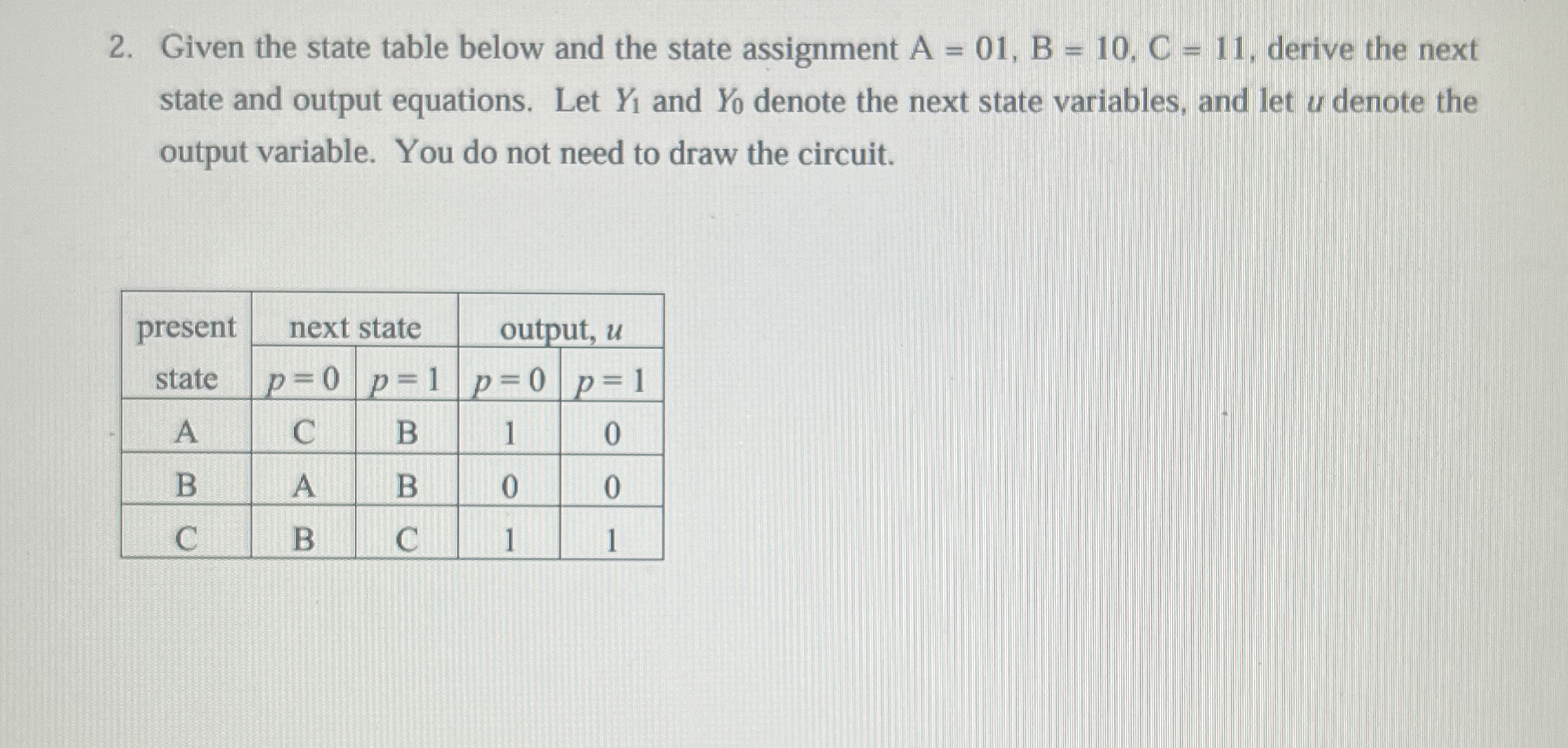 Given the state table below and the state