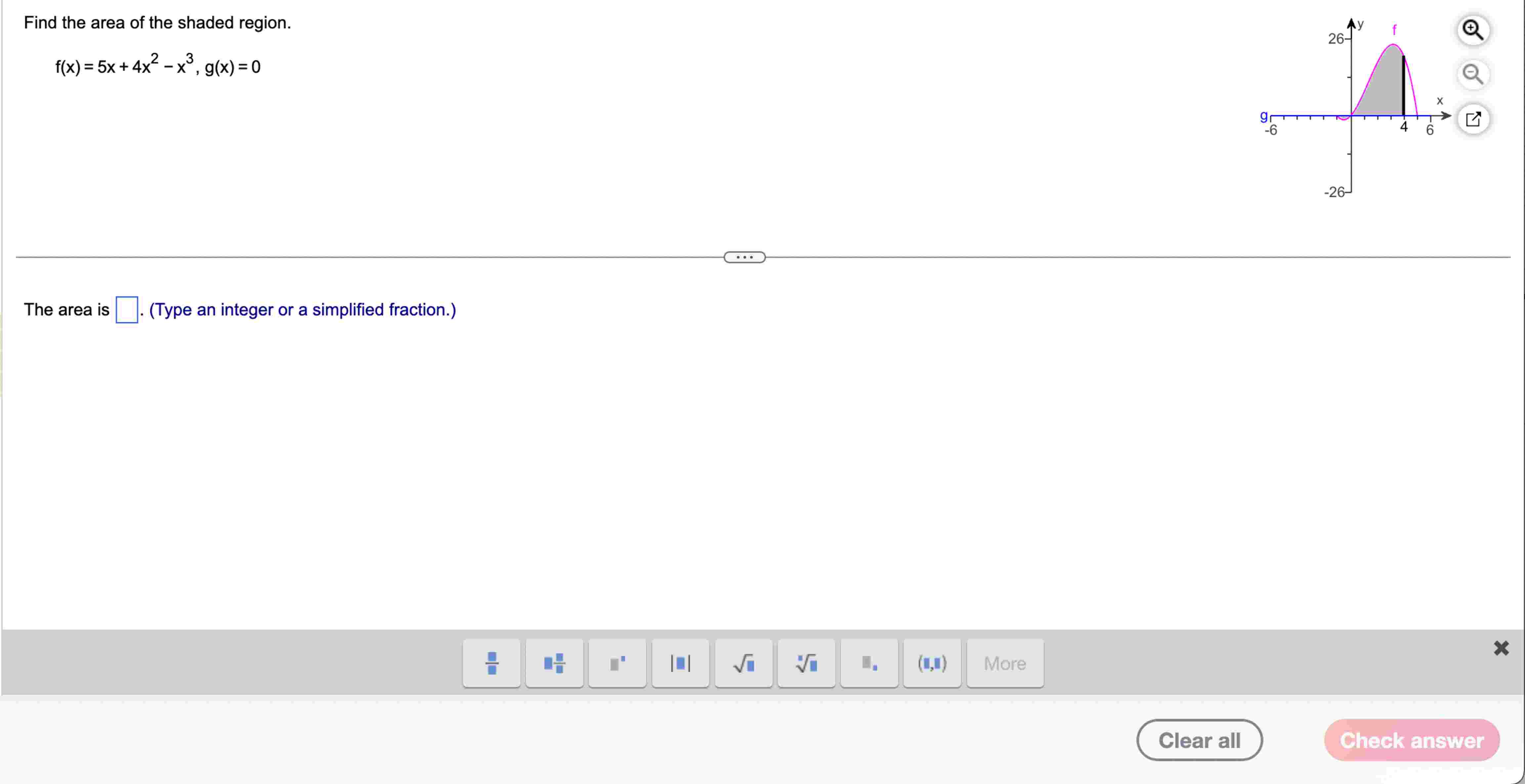Find the area of the shaded region. f ( x ) = 5 x