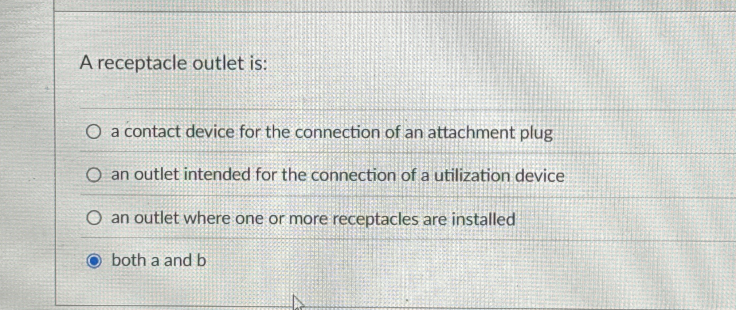 A receptacle outlet is: a contact device for the