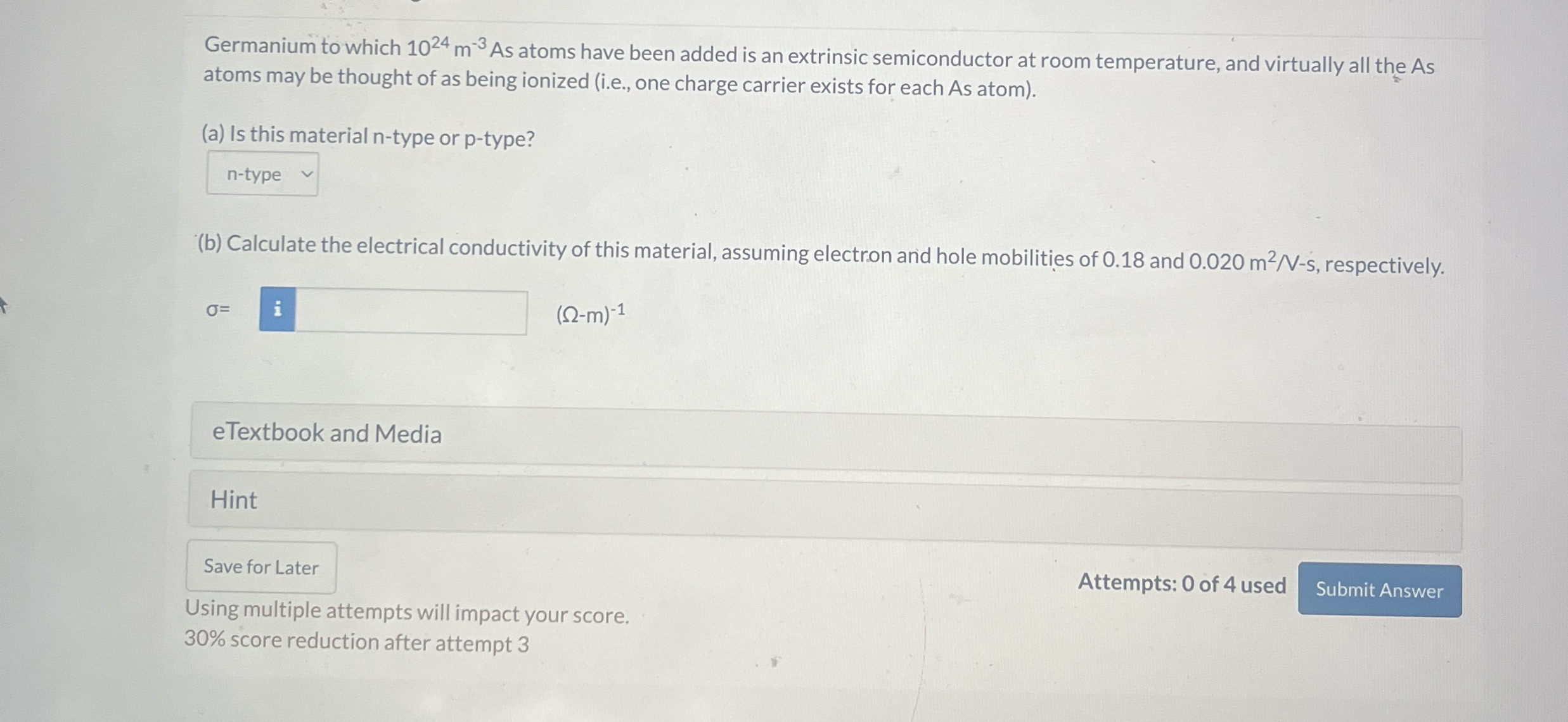 Germanium to which 1 0 2 4 m - 3 As atoms have