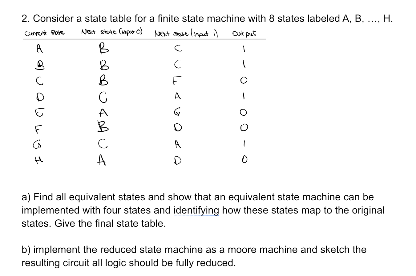 2 . Consider a state table for a finite state
