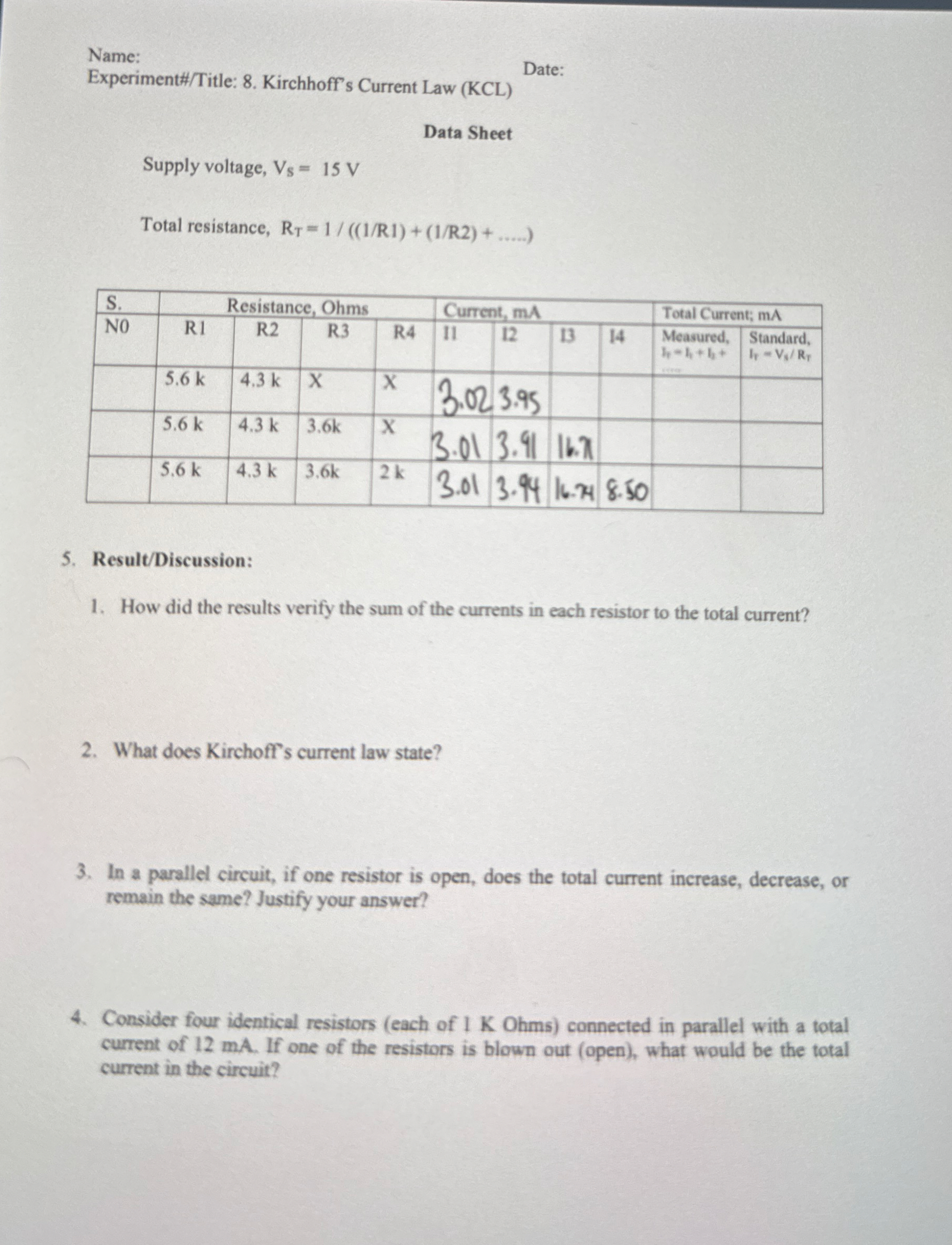 Name: Experiment# / Title: 8 . Kirchhoff's