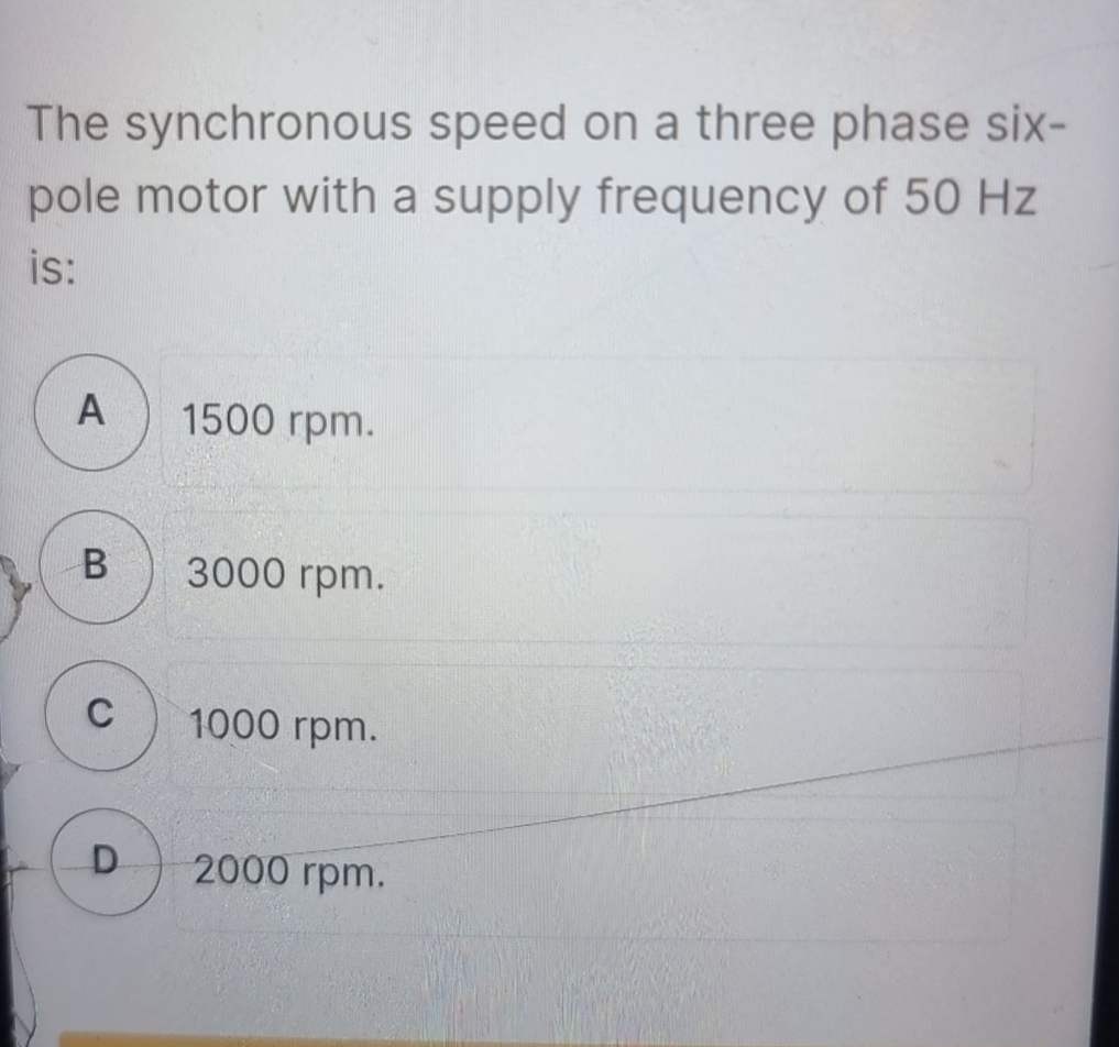 The synchronous speed on a three phase sixpole