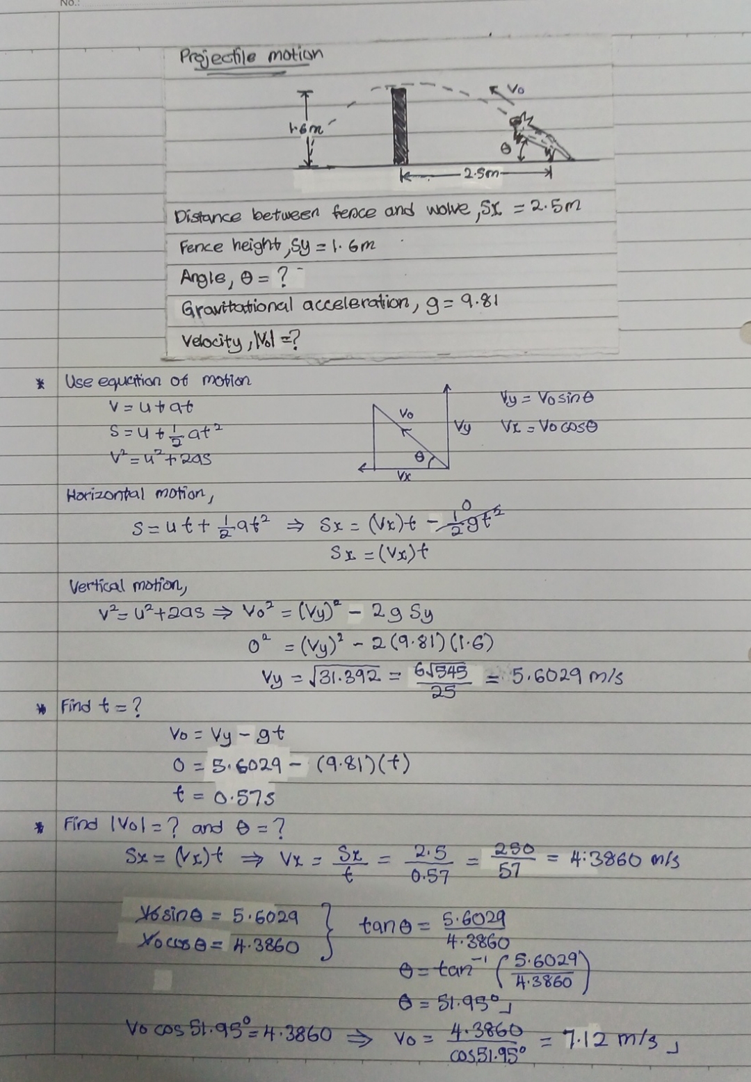 Projectile motion Distance between fence and