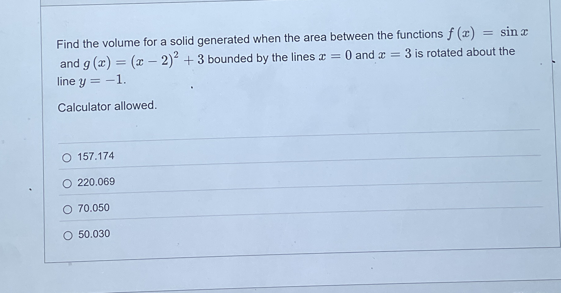 Find the volume for a solid generated when the