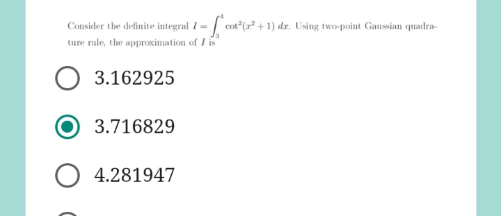 Consider the definite integral I = 3 4 c o t 2 (