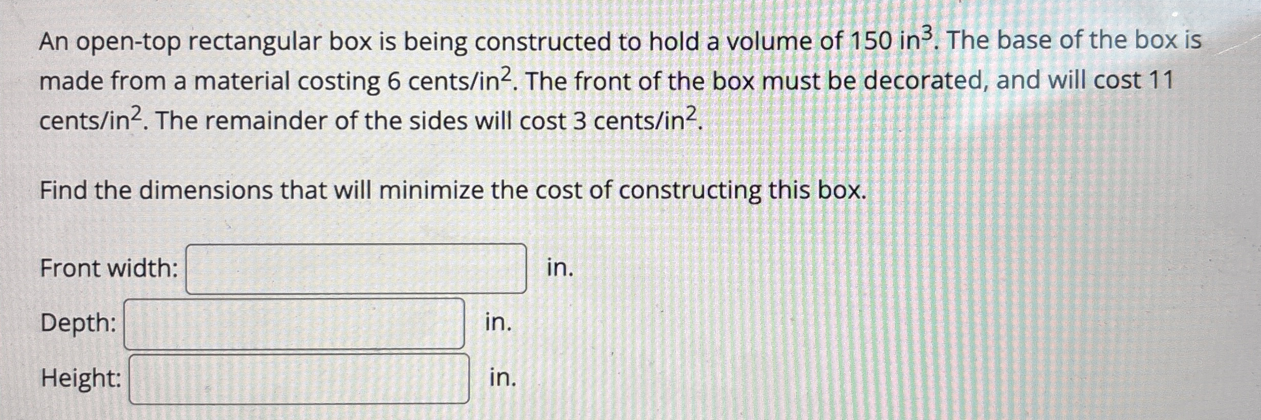 An open - top rectangular box is being
