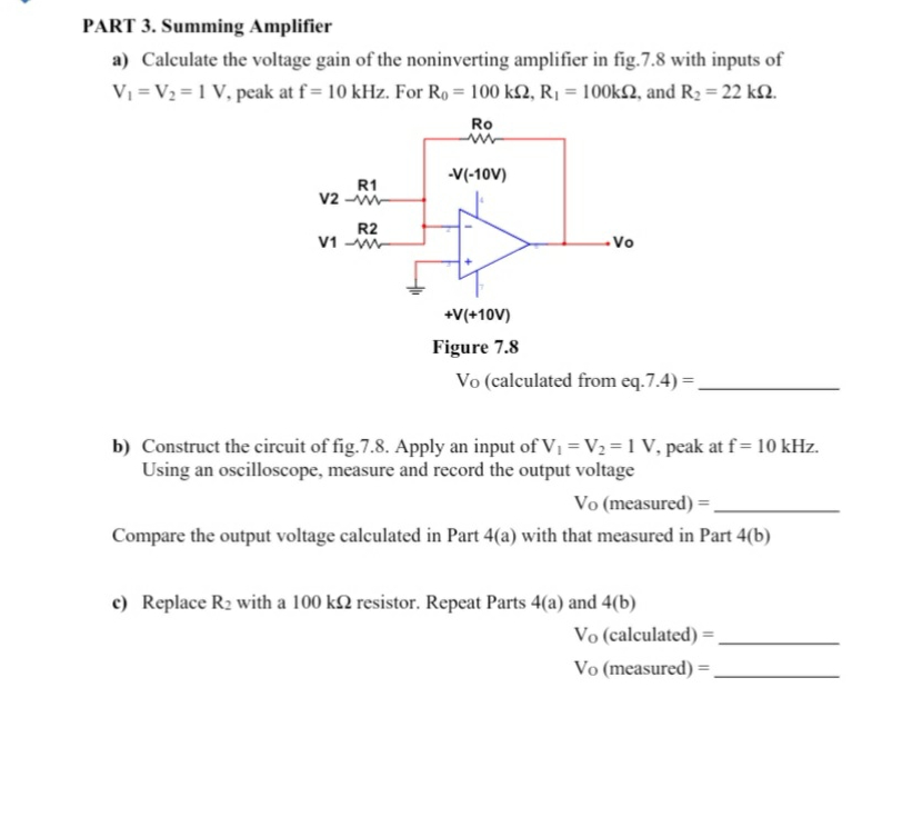 PART 3 . Summing Amplifier a ) Calculate the