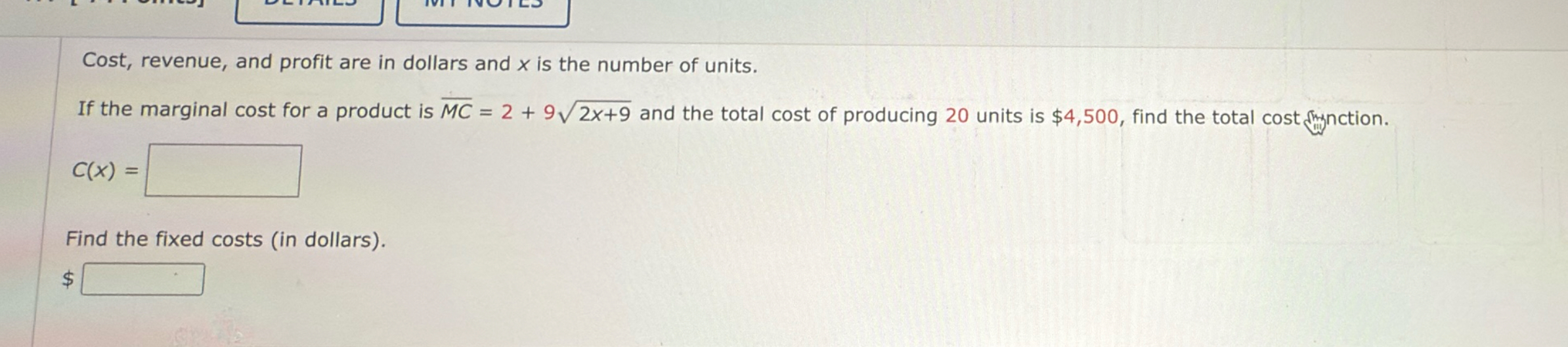 Cost, revenue, and profit are in dollars and x is