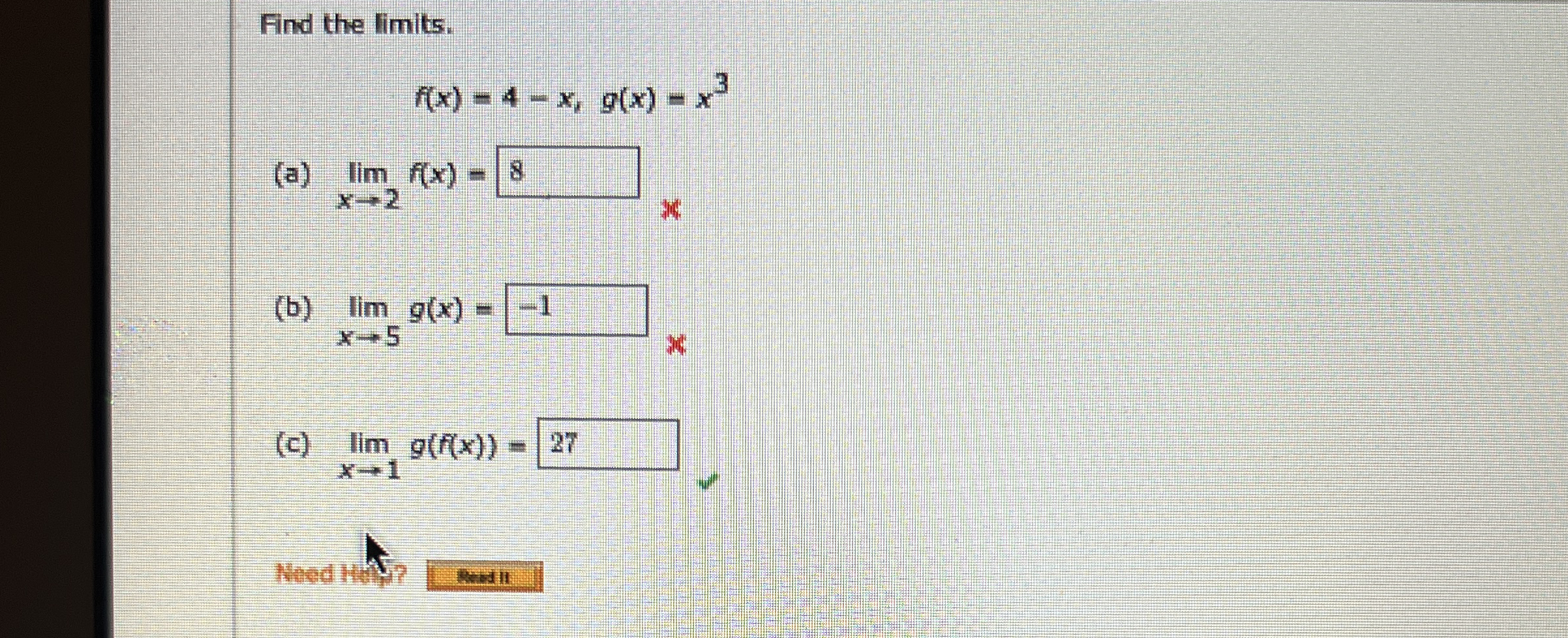 Find the limits . f ( x ) = 4 - x , g ( x ) = x 3