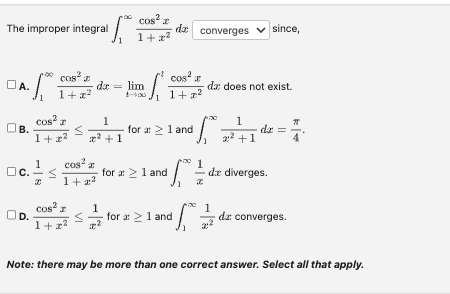 The improper integral \ int _ 1 ^ x ( cos ^ ( 2 )
