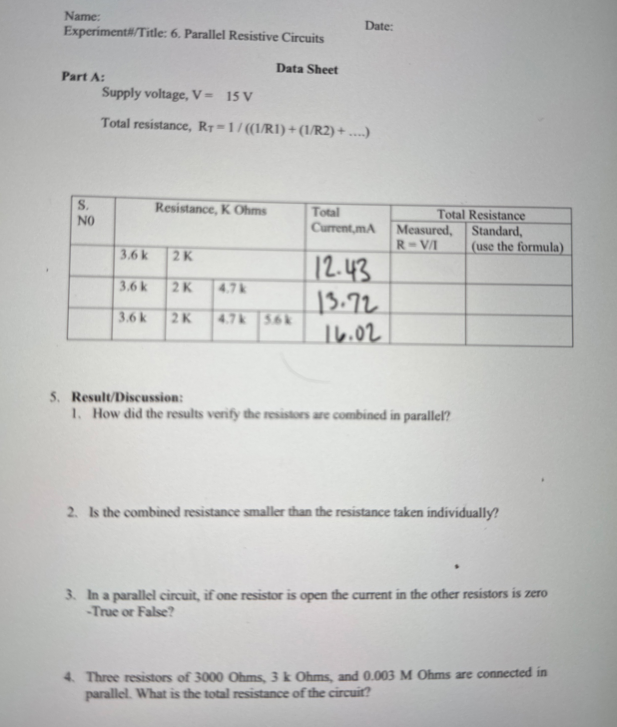 Name: Experiment#Title: 6 . Parallel Resistive