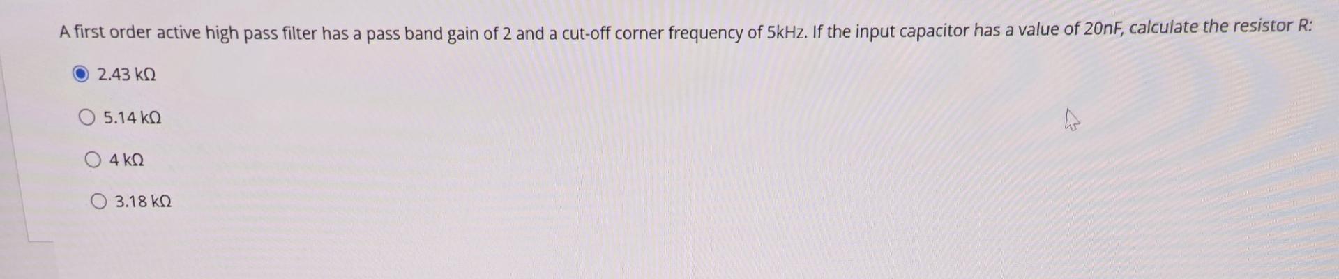 A first order active high pass filter has a pass