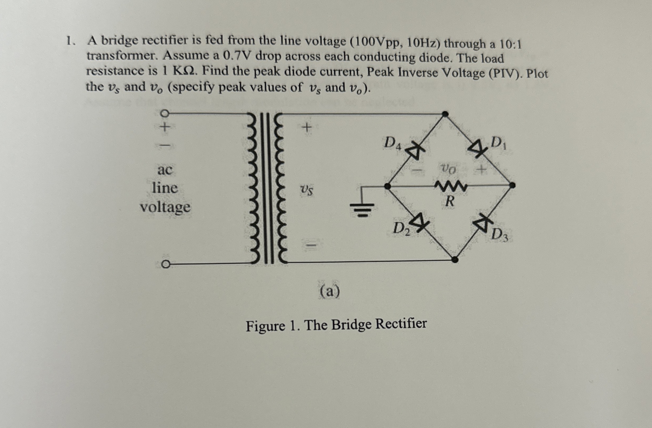 A bridge rectifier is fed from the line voltage (