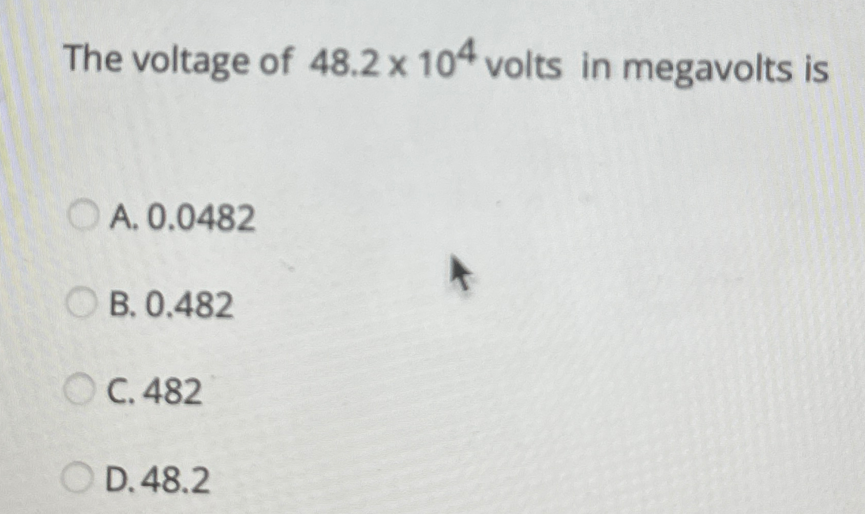 The voltage of 4 8 . 2 1 0 4 volts in megavolts