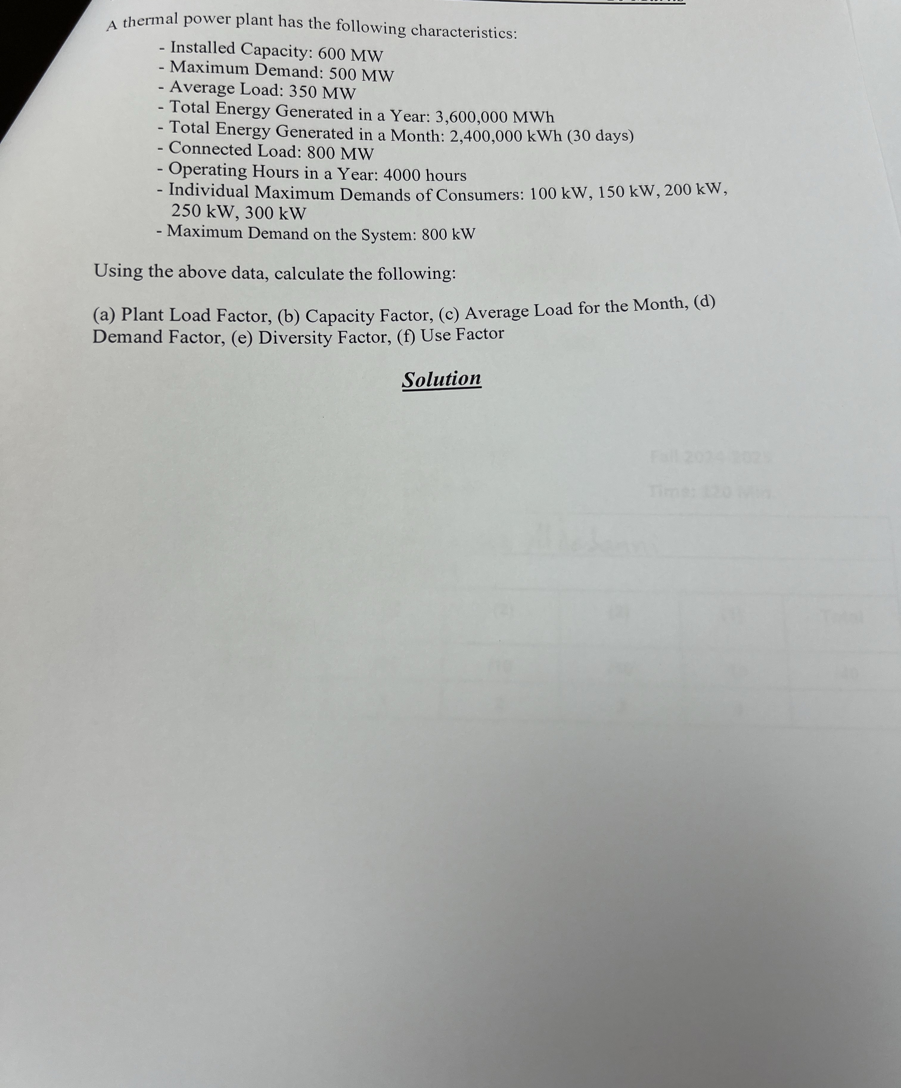 A thermal power plant has the following