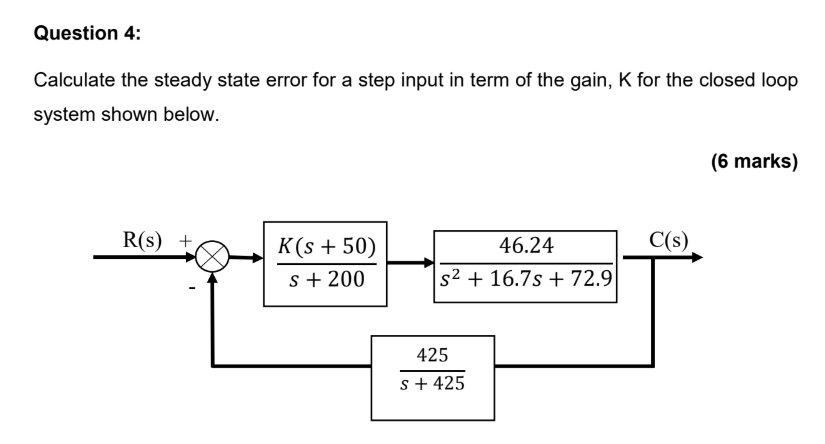Question 4 : Calculate the steady state error for