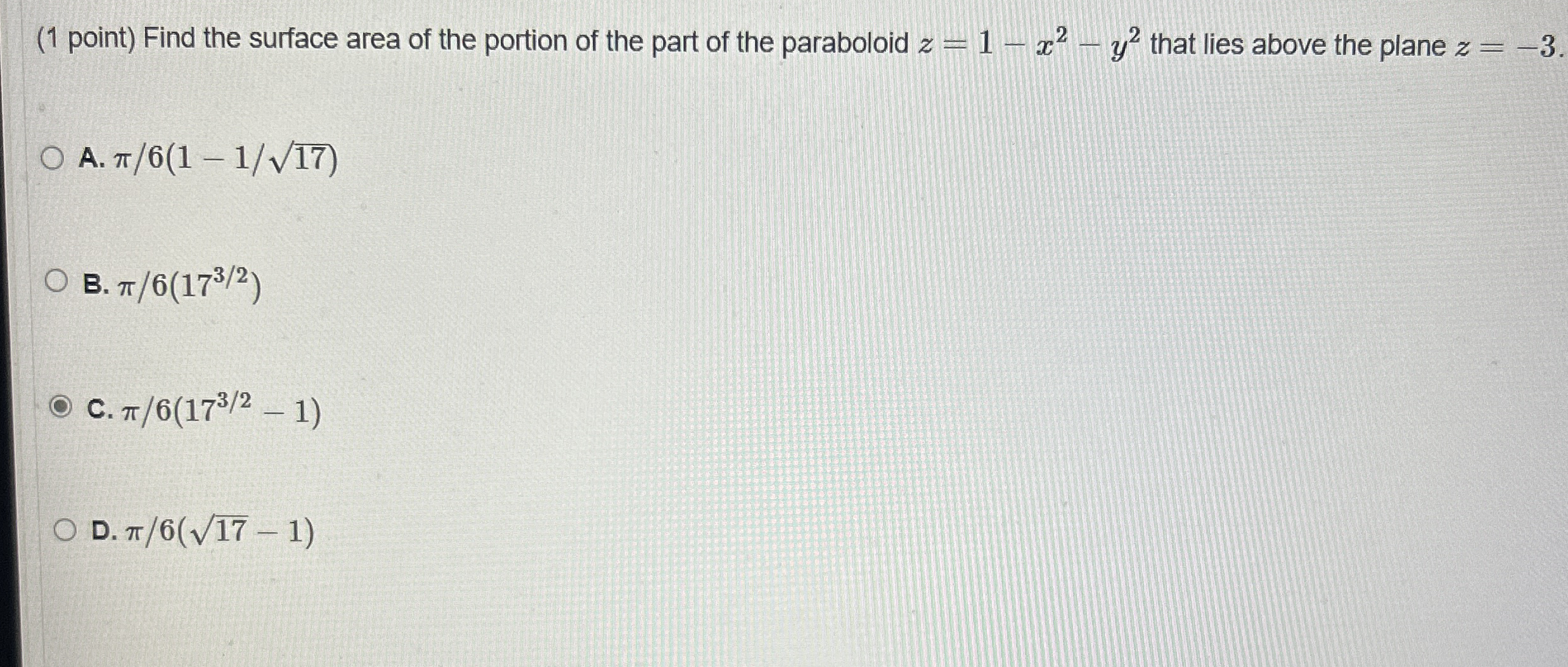 ( 1 point ) Find the surface area of the portion