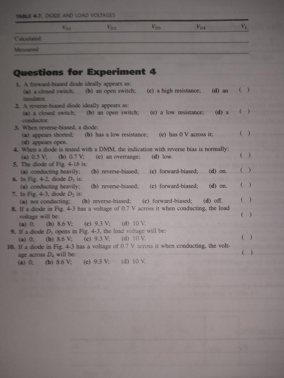 Questions for Experiment 4 1 . A forwark - biased