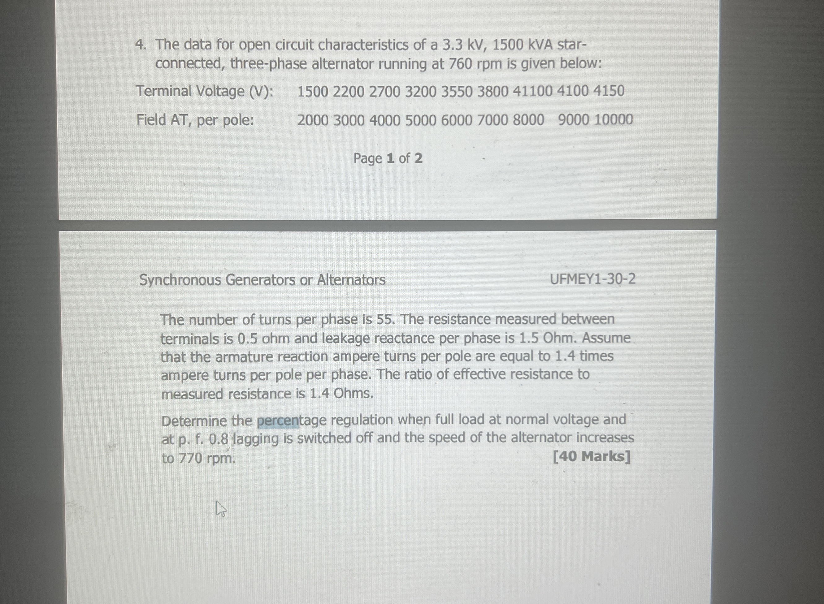 The data for open circuit characteristics of a 3