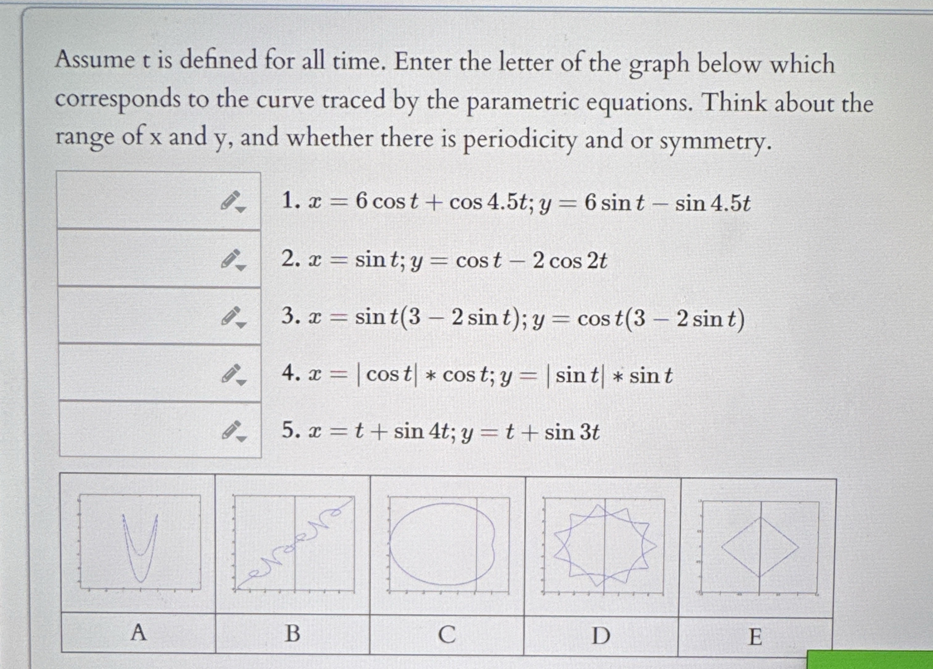 Assume t is defined for all time. Enter the