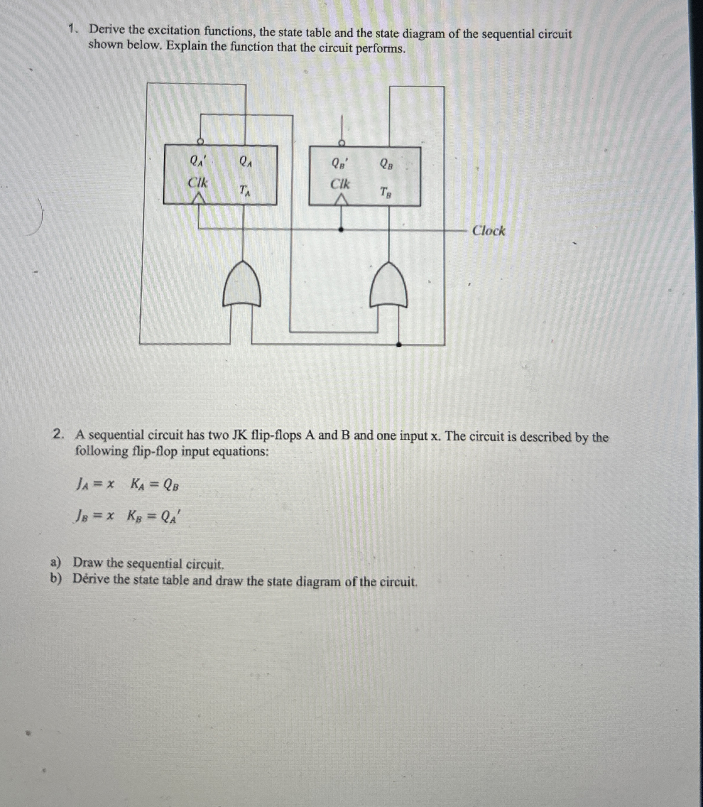 Derive the excitation functions, the state table
