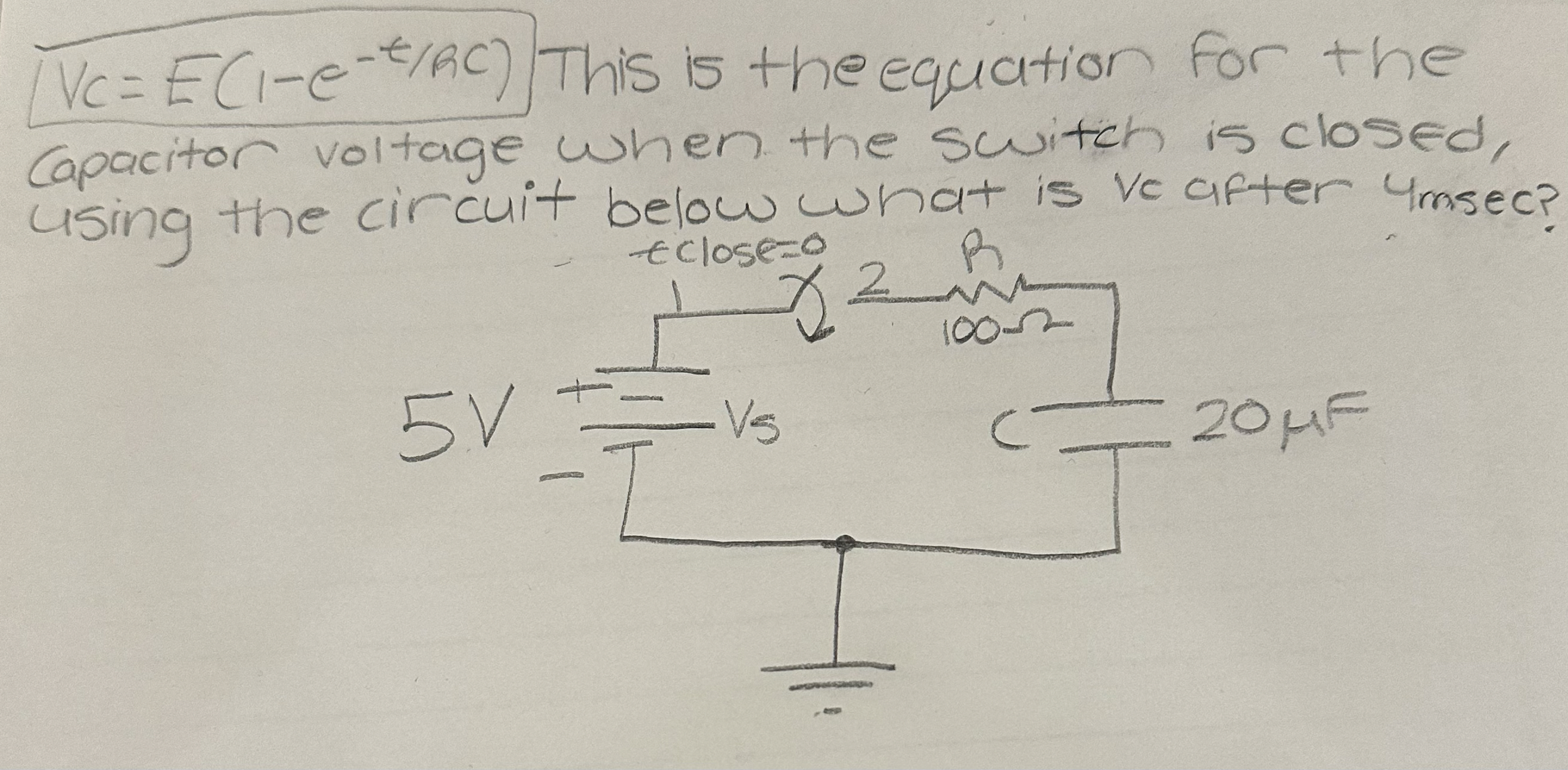 V C = E ( 1 - l o n - t R C ) This is the