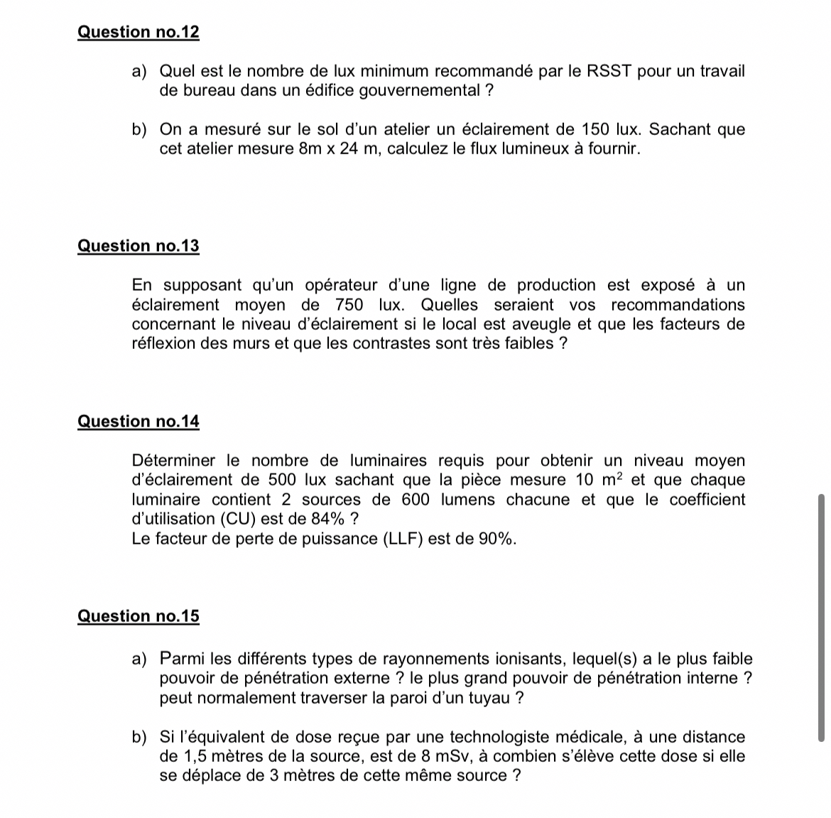 Question no . 1 2 a ) Quel est le nombre de lux