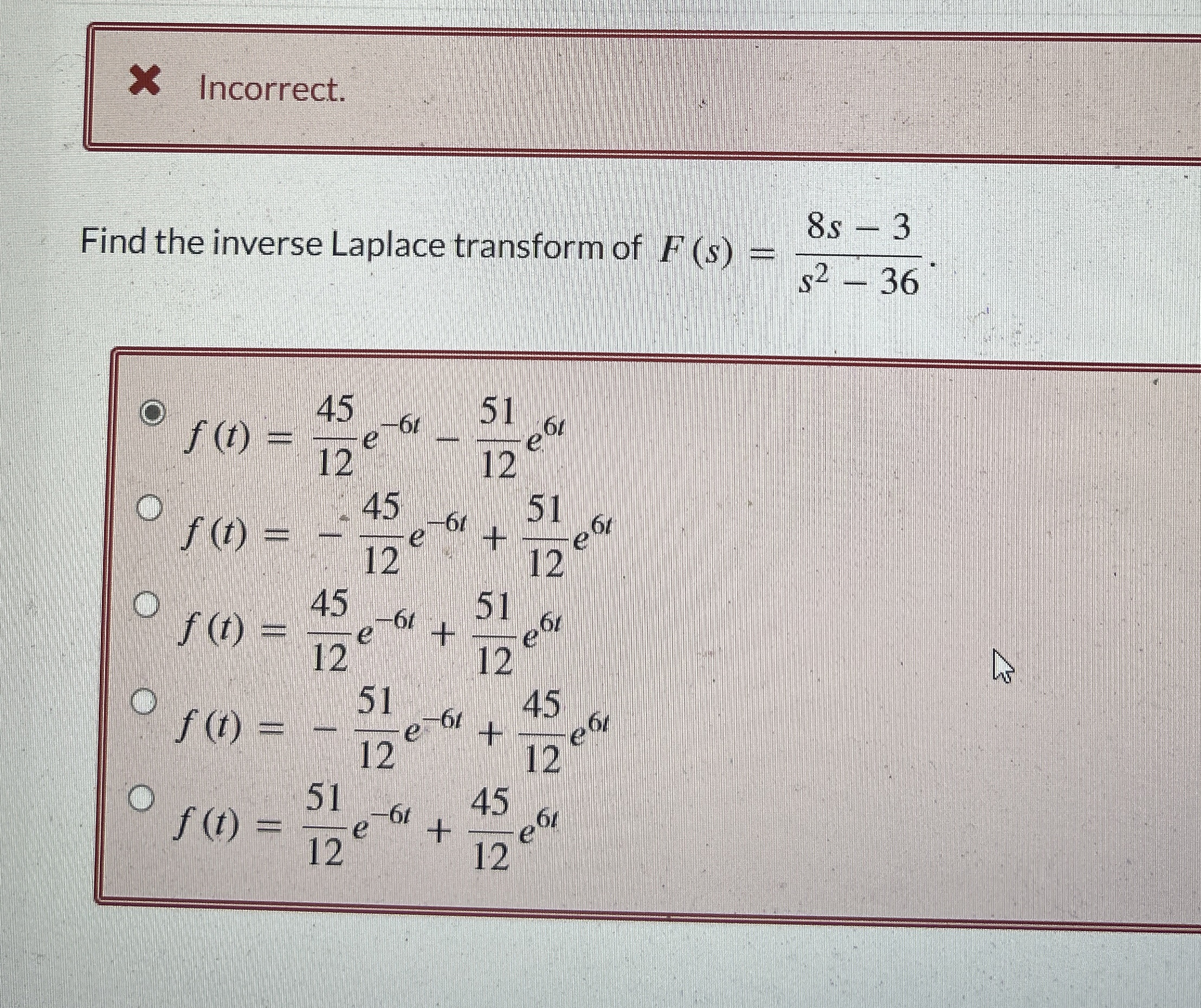 Incorrect. Find the inverse Laplace transform of