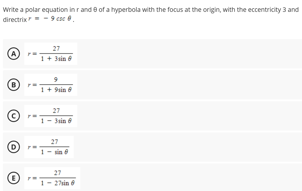 Write a polar equation in r and \ theta of a